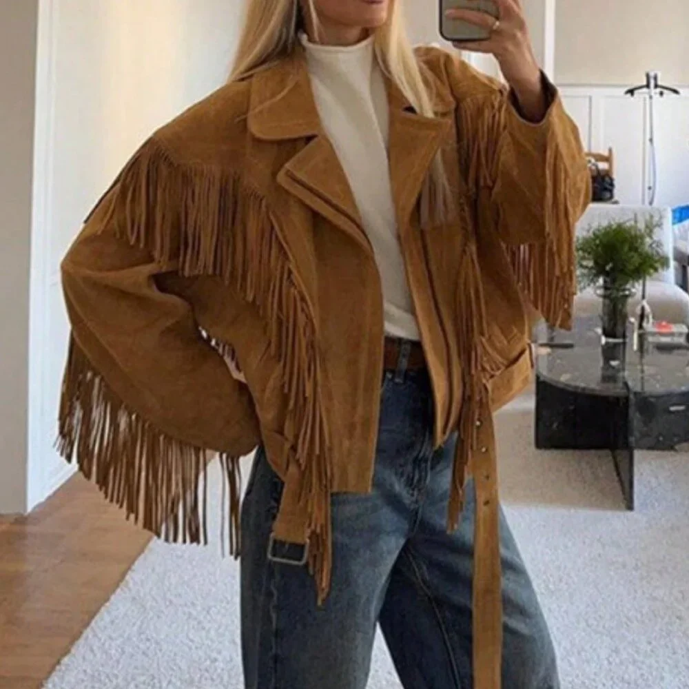 Khaki Casual Women's Lapel Tassel Wide Shoulder Streetwear Jacket - Picture 4 of 10